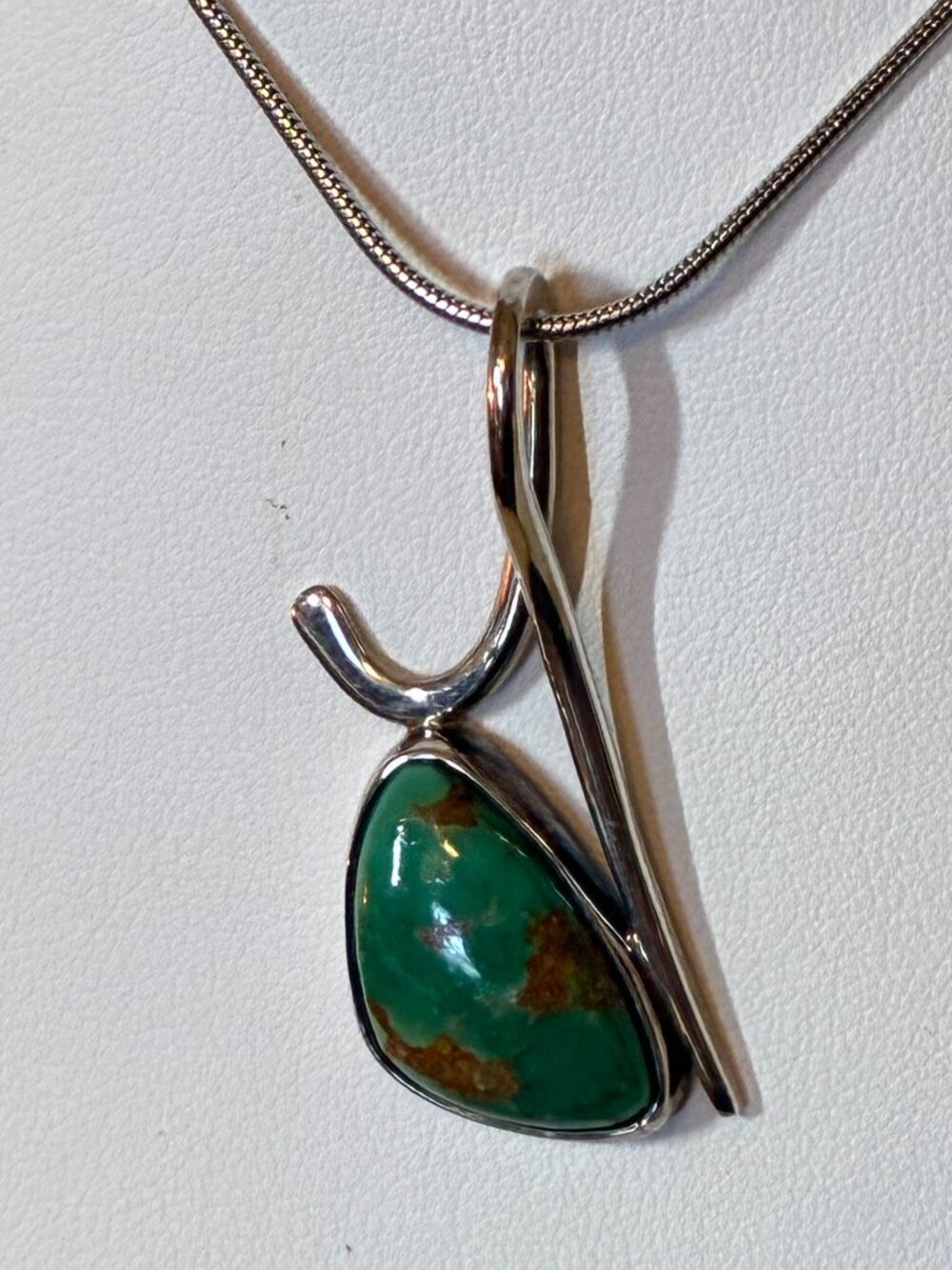 .925 Genuine Green and Brown Turquoise Modern Design Pendant on a Silver Chain
